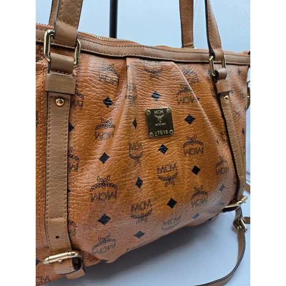 MCM Vintage Cognac Coated Canvas Leather Trimmed Shoulder Bag Tote Purse - Picture 12 of 12